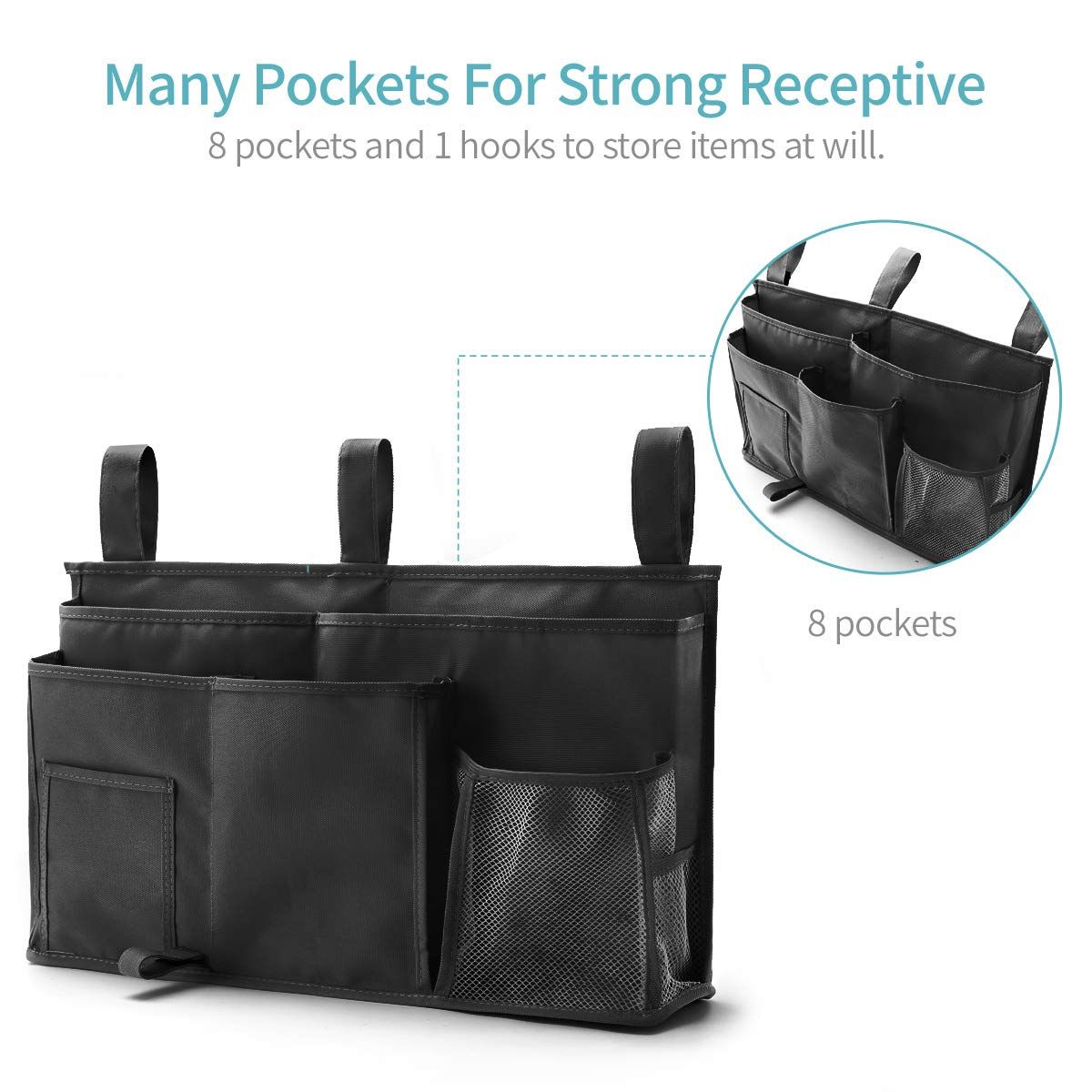 Hanging Organizer Bedside Storage Bag for Bunk and Hospital Beds,for College Dorm Rooms Bed, Hospital Bed, Baby Bed Rails（black,oniy bag）