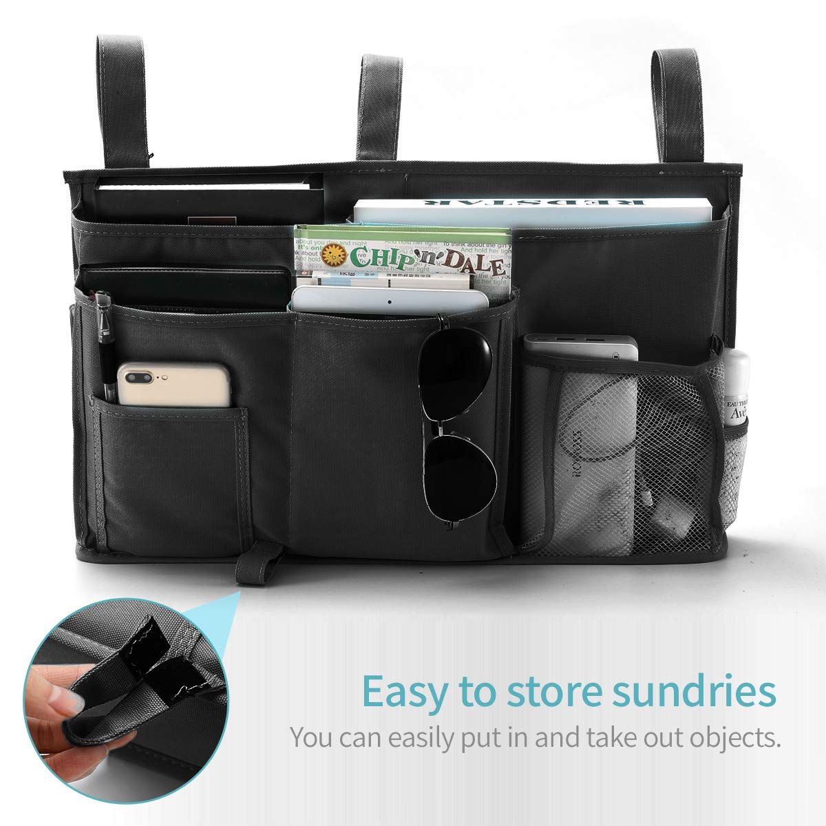 Hanging Organizer Bedside Storage Bag for Bunk and Hospital Beds,for College Dorm Rooms Bed, Hospital Bed, Baby Bed Rails（black,oniy bag）