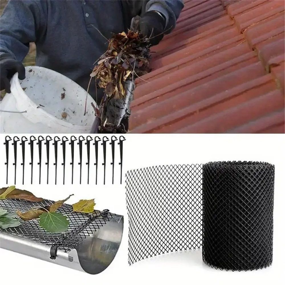 2-Pack Plastic Gutter Guard Mesh Roll 6” x 20Ft Rain Gutter Leaf Guard-Stop Clogged Gutters-with in total 20 Clip Fixed Hooks.DIY Gutter Protection.