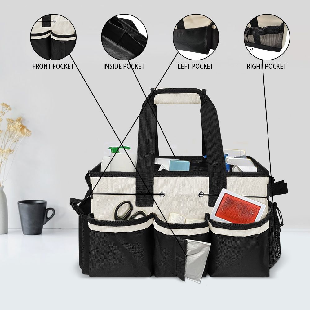 Wearable Cleaning Caddy, Cleaning Caddy Supplies Organizer with Handle & Shoulder Straps for Housekeepers, Under Sink & Car Cleaning Tool Organizers Bag with Foldable Divider (Beige)