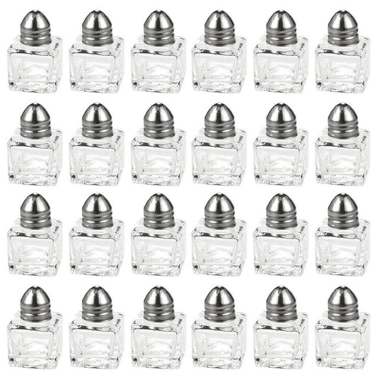 24 pack 1/2 oz Mini Salt Shakers Stainless Steel - Mini Square Glass Cube Salt and Pepper Shakers with Stainless Steel Top Individual Shakers for Restaurants or Weddings