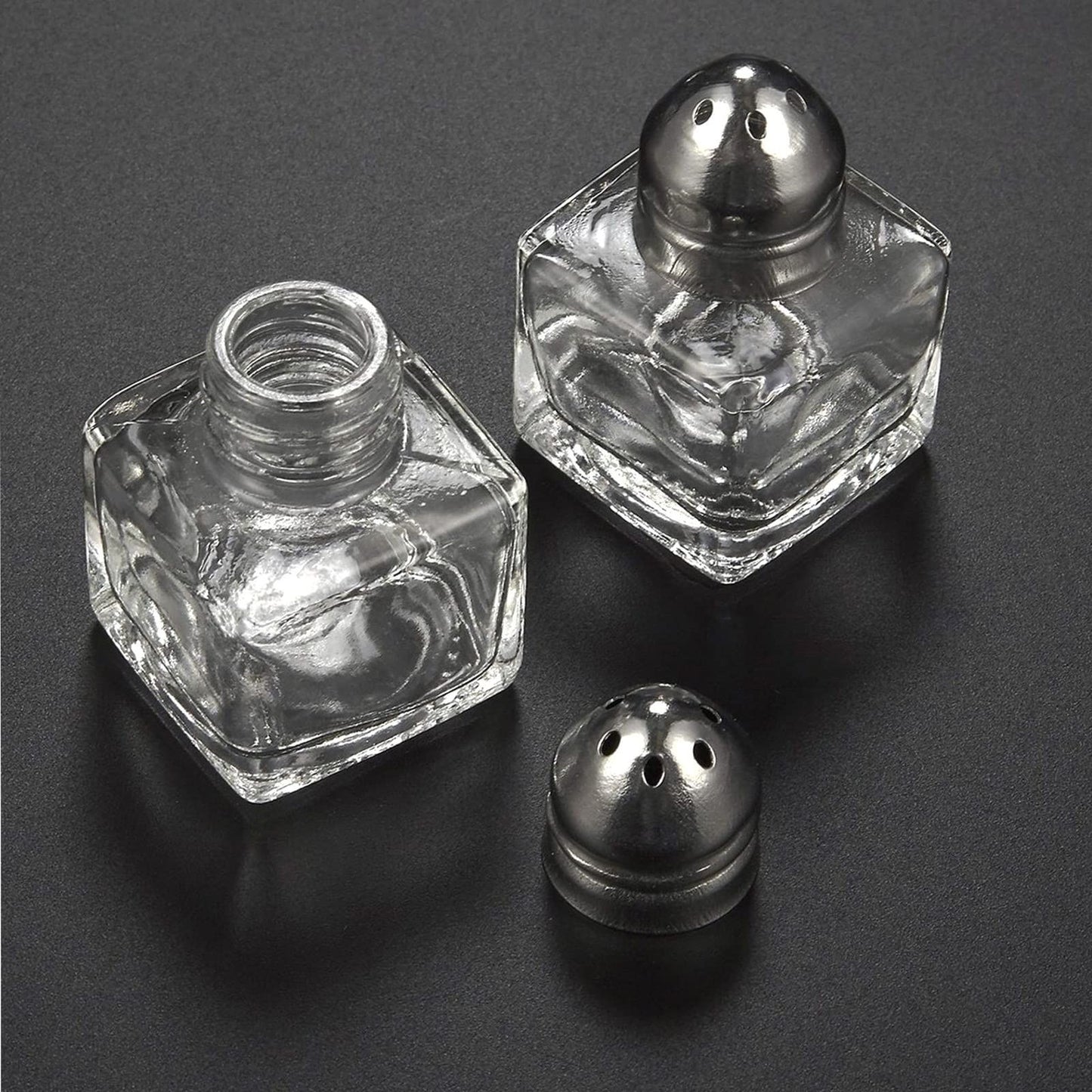 24 pack 1/2 oz Mini Salt Shakers Stainless Steel - Mini Square Glass Cube Salt and Pepper Shakers with Stainless Steel Top Individual Shakers for Restaurants or Weddings