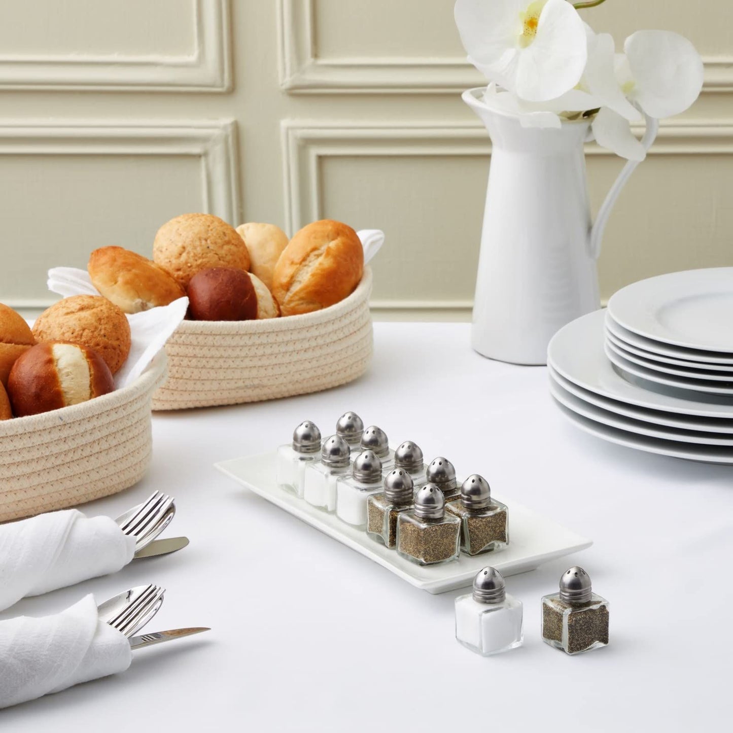 24 pack 1/2 oz Mini Salt Shakers Stainless Steel - Mini Square Glass Cube Salt and Pepper Shakers with Stainless Steel Top Individual Shakers for Restaurants or Weddings
