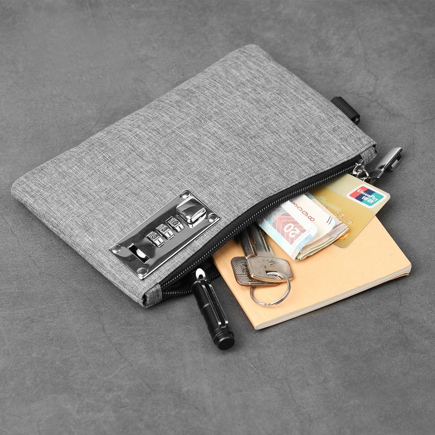 Money bag with lock, men's and women's lock accessory bag, bank bag, cash bag with lock, and zipper credit card and valuable item storage bag with lock (gray)