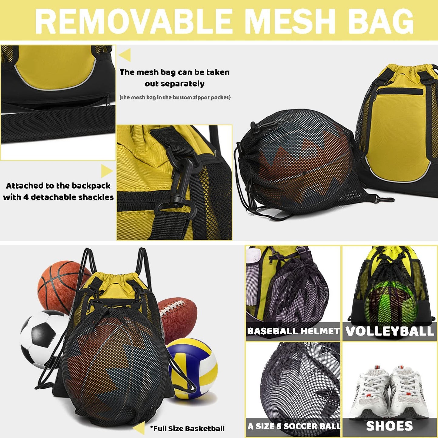 Drawstring Soccer Bag Basketball Backpack for Kids Teens, Foldable Sports Bags Detachable Ball Mesh Bag for Gym Yoga Football Baseball（oniy bag）
