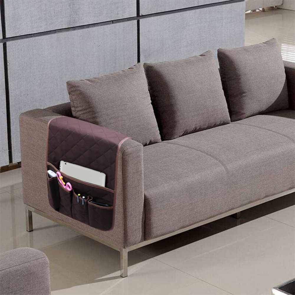 Sofa Armrest Organizer with 5 Pockets, Couch Recliner Armchair Caddy, Washable Remote Controls Holder, Storage for Magazine, Tablet (brown,oniy bag)