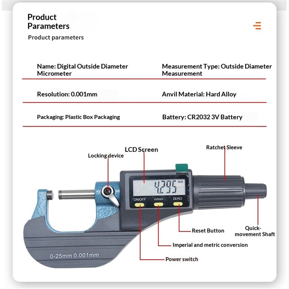 Digital Micrometer, Professional Inch/Metric Measuring Tools 0.001 mm Resolution Thickness Gauge, Protective Case with Extra Battery