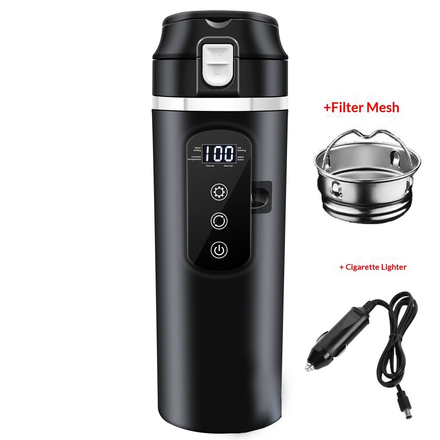 DC 12V/24V Car Travel Electric Kettle, 500ml Car Heating Mug with Anti-Spill Lid, Leak-proof, 304 Stainless Steel Liner Portable Coffee Tea Cup