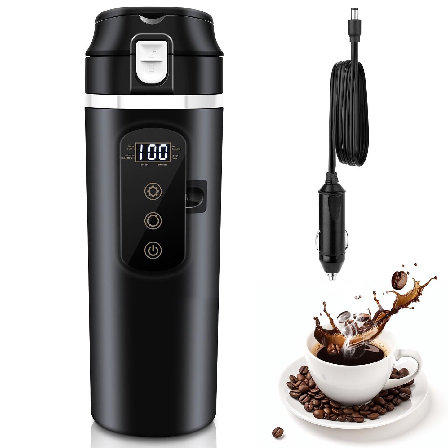 DC 12V/24V Car Travel Electric Kettle, 500ml Car Heating Mug with Anti-Spill Lid, Leak-proof, 304 Stainless Steel Liner Portable Coffee Tea Cup