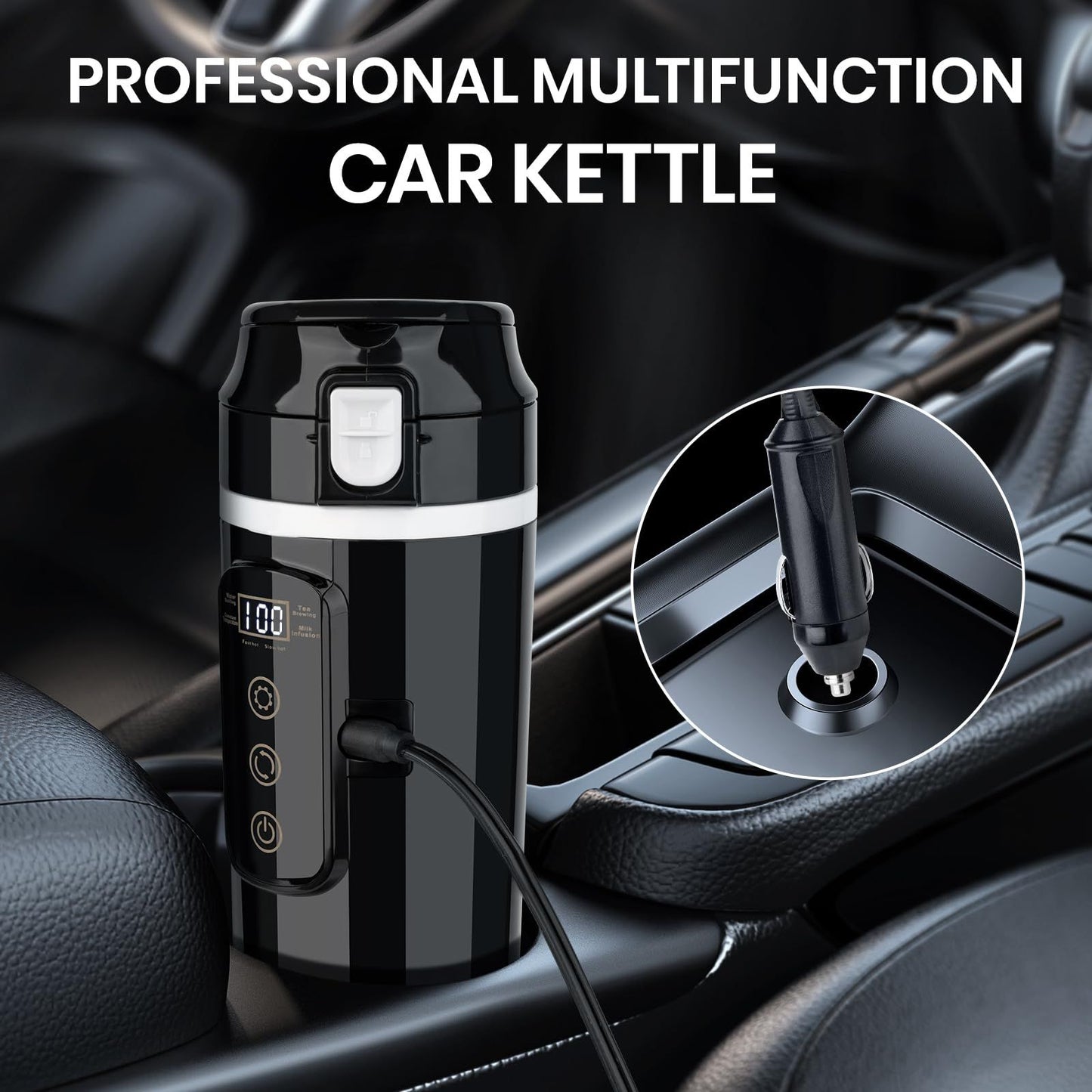 DC 12V/24V Car Travel Electric Kettle, 500ml Car Heating Mug with Anti-Spill Lid, Leak-proof, 304 Stainless Steel Liner Portable Coffee Tea Cup