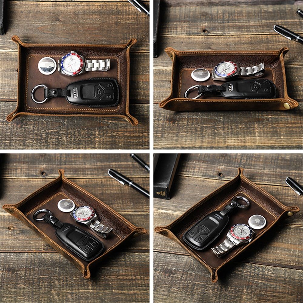 Leather Valet Tray for Men – Rustic Organizer for Keys, Phone & Wallet  Whiskey Barrel Brown  Perfect for Nightstand, Desk, Entryway