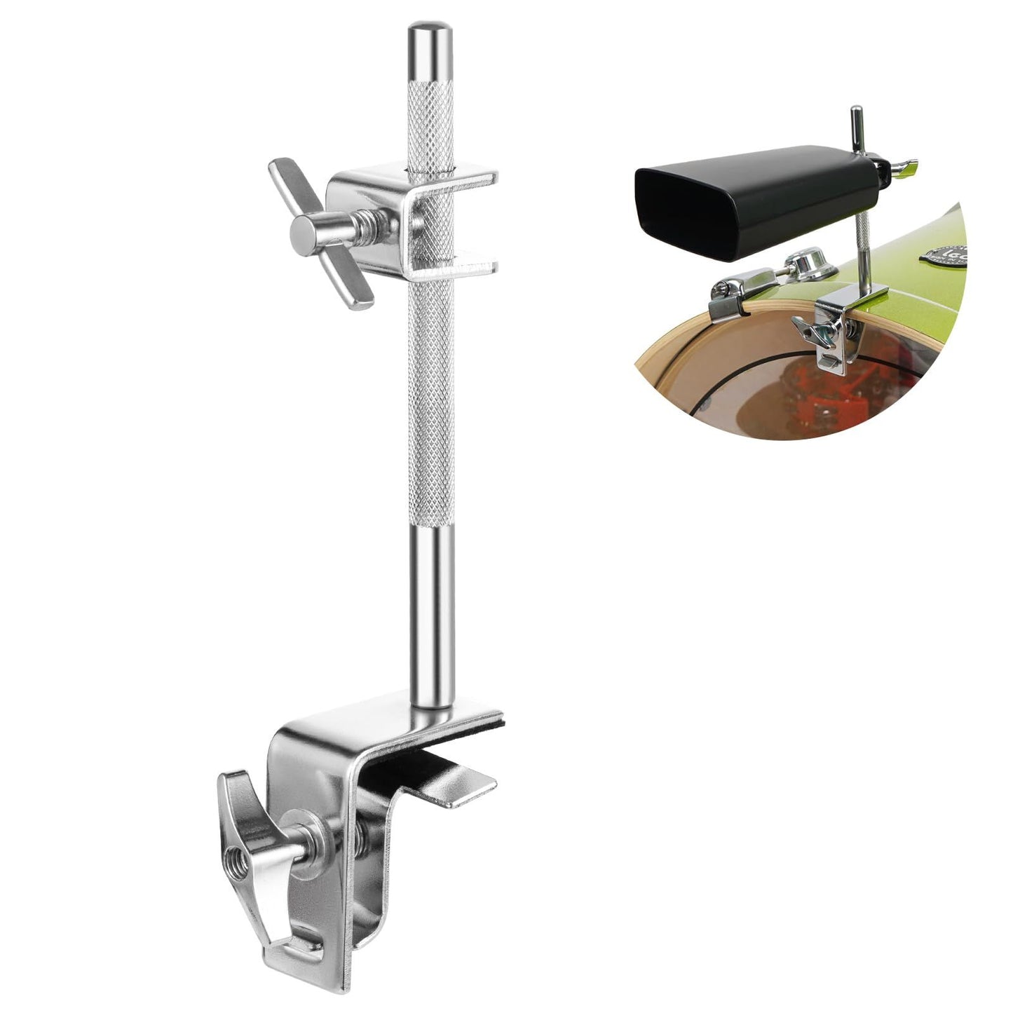 Pearl Bass Drum Hoop Mount Cowbell Holder with Non-Finish Marring Clamping Jaws and Height-Adjustable Cowbell and Percussion Accessory Clamp.