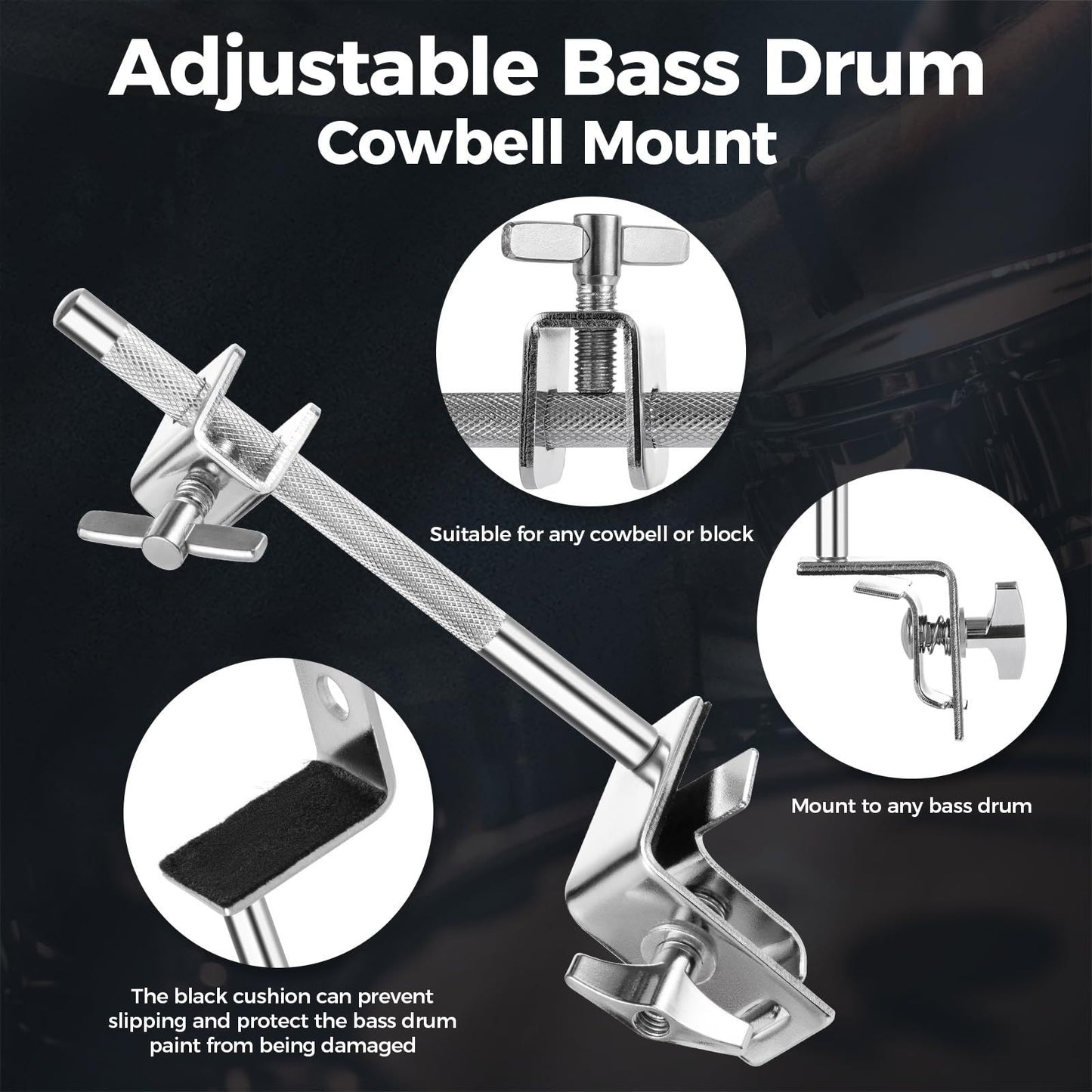 Pearl Bass Drum Hoop Mount Cowbell Holder with Non-Finish Marring Clamping Jaws and Height-Adjustable Cowbell and Percussion Accessory Clamp.
