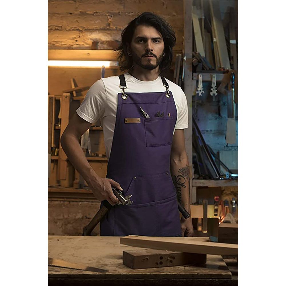 Chef and BBQ Apron - Canvas, Stainless Steel Hardware - Cross Back Straps（Purple, with only one apron）