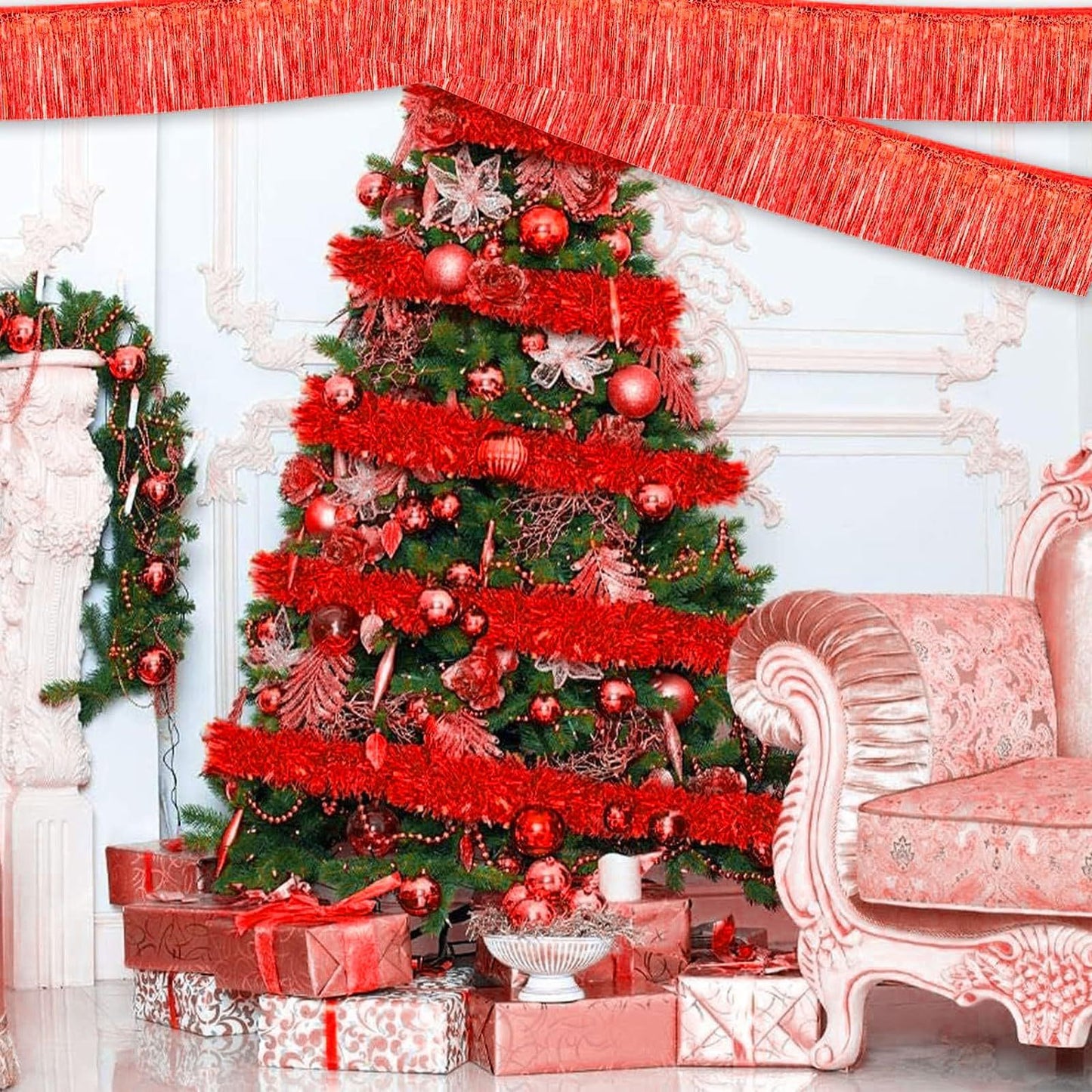 10 Pack 10 Feet Red Foil Fringe Garland Metallic Tassle Banner Wall Hanging Tinsel Streamers Backdrop for Parade Floats, Bachelorette, Wedding, Birthday, Halloween, Christmas Party Decorations