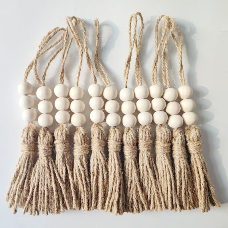 40 Sets Jute Tassels with 3 Wood Beads Natural Jute Rope Burlap Tassels for Christmas Tree DIY Craft Wood Beads Garland Project Wedding Home Party Decorations