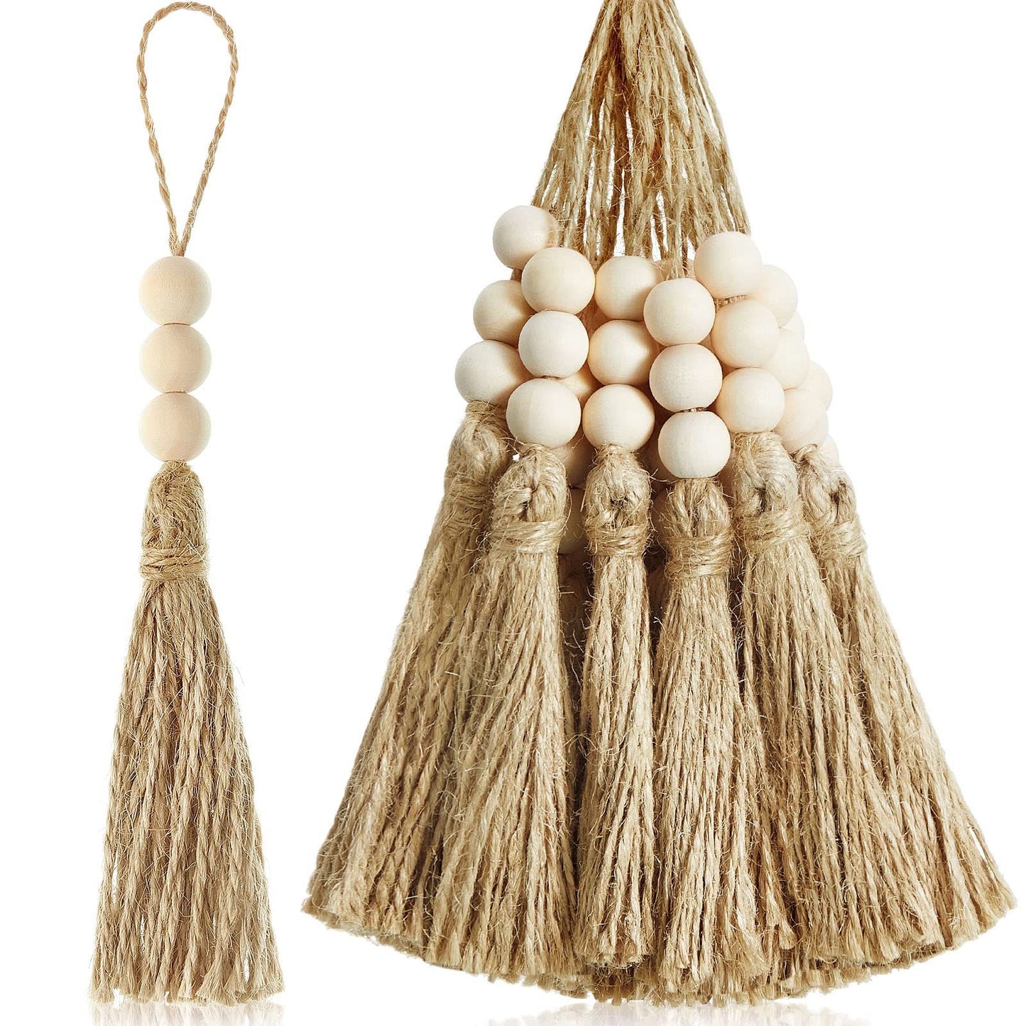40 Sets Jute Tassels with 3 Wood Beads Natural Jute Rope Burlap Tassels for Christmas Tree DIY Craft Wood Beads Garland Project Wedding Home Party Decorations