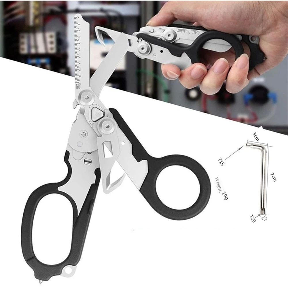 Heavy Duty 6 in 1 Multifunctional Trauma Shears Foldable | Stainless Steel emergency response scissors | Survival Shears with Holster | Trauma shears  With Strap Cutter | Black