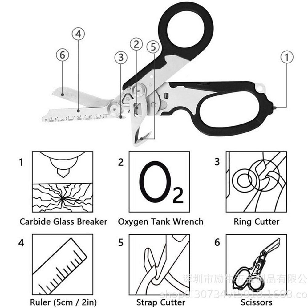 Heavy Duty 6 in 1 Multifunctional Trauma Shears Foldable | Stainless Steel emergency response scissors | Survival Shears with Holster | Trauma shears  With Strap Cutter | Black