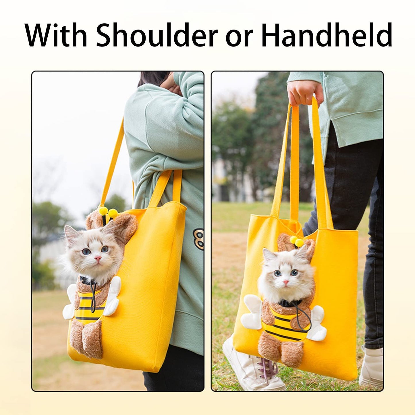 Bee-Shaped Show Head Pet Canvas Shaped Shoulder Bag，Pet Out Bag, Outcrop, Pet Out Shoulder Bag. (Bee-Large)