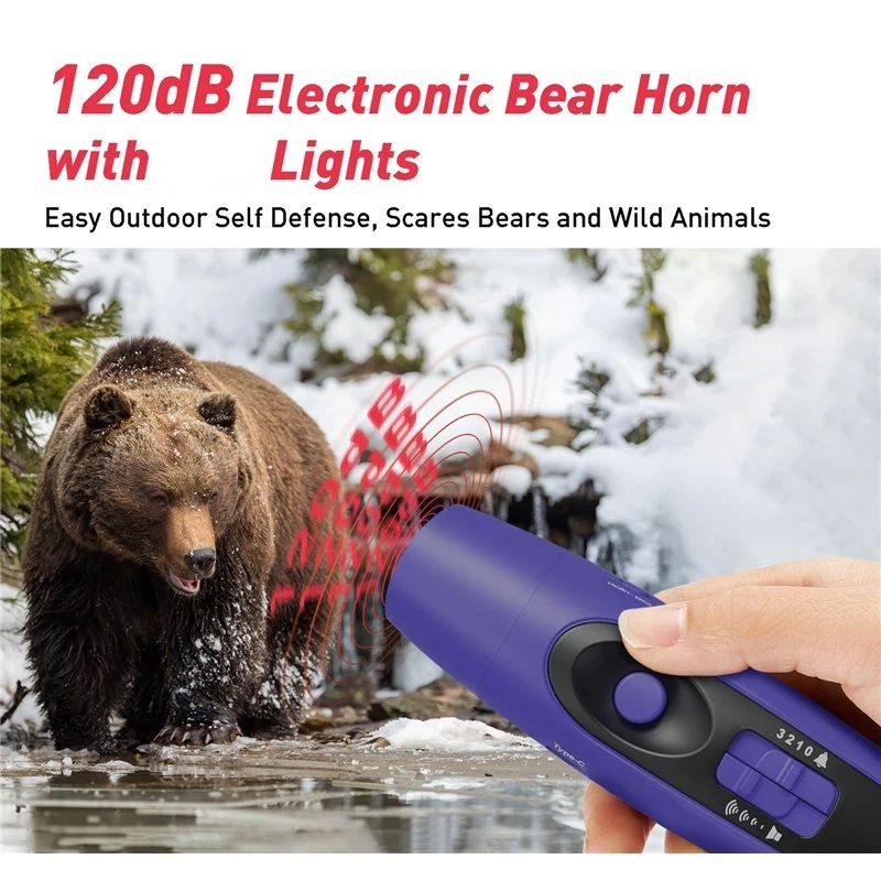 Rechargeable Bear Horn - Electronic Air Horn for Bears with 4 Volume Levels & 3 Tones,  Safety Light for Hiking, Camping, Wildlife Defense (Blue，14*3.8*3.85cm)