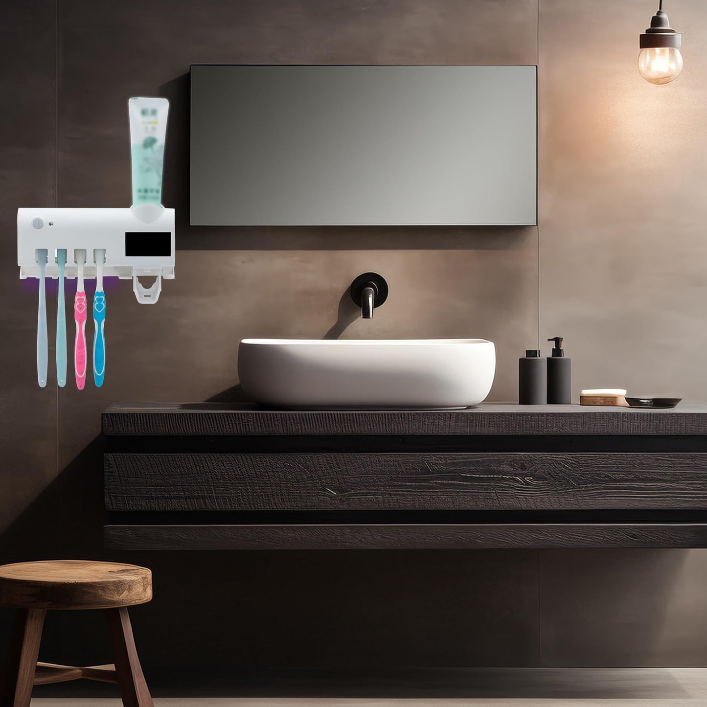 Toothbrush Holder for Bathroom 5 Toothbrush Slots Toothbrush Holder Wall Mounted with Toothpaste Dispenser Chargeable Tooth Brushing Holder (White induction model)