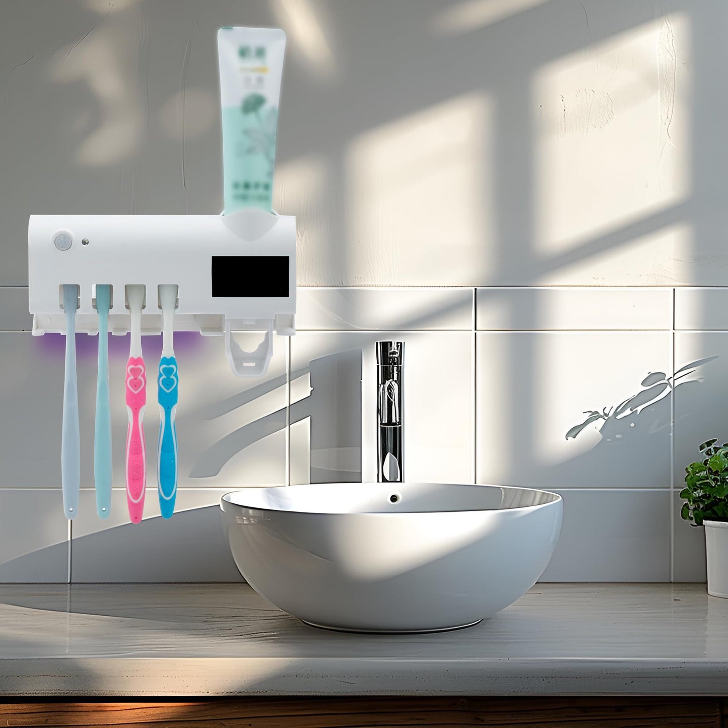 Toothbrush Holder for Bathroom 5 Toothbrush Slots Toothbrush Holder Wall Mounted with Toothpaste Dispenser Chargeable Tooth Brushing Holder (White induction model)