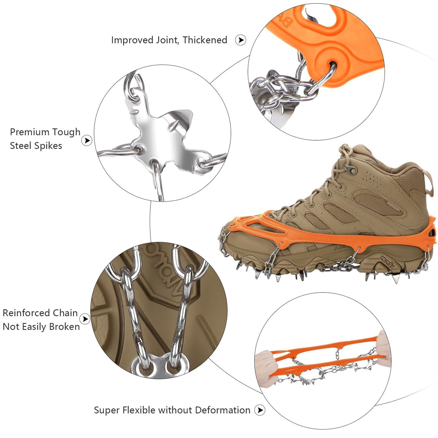 19 Spikes with Stainless Steel Chain Ice Snow Grips Traction Cleats System Safe Protect for Walking, Jogging, Climbing, Hiking on Snow and Ice, Boots Chains for Women Men（L）