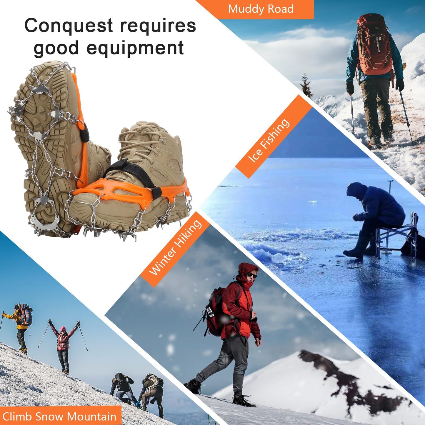 19 Spikes with Stainless Steel Chain Ice Snow Grips Traction Cleats System Safe Protect for Walking, Jogging, Climbing, Hiking on Snow and Ice, Boots Chains for Women Men（L）