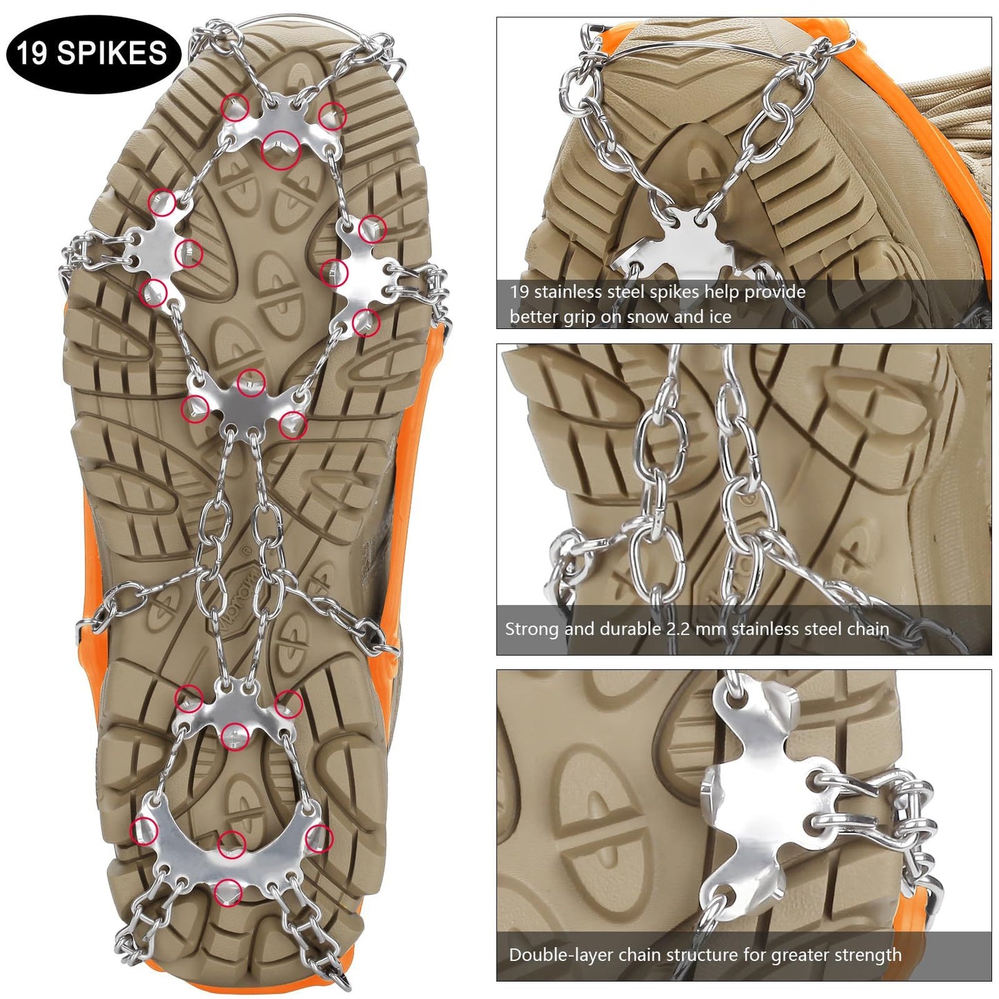 19 Spikes with Stainless Steel Chain Ice Snow Grips Traction Cleats System Safe Protect for Walking, Jogging, Climbing, Hiking on Snow and Ice, Boots Chains for Women Men（L）