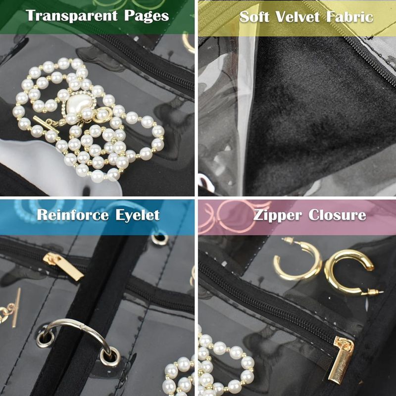 Travel Jewelry Organizer Case,Jewelry Bags for Traveling, Jewelry Binder with6Pcs Clear Zipper Velvet Pouches for Storing Earrings, Ring(Black，20*25*8cm)