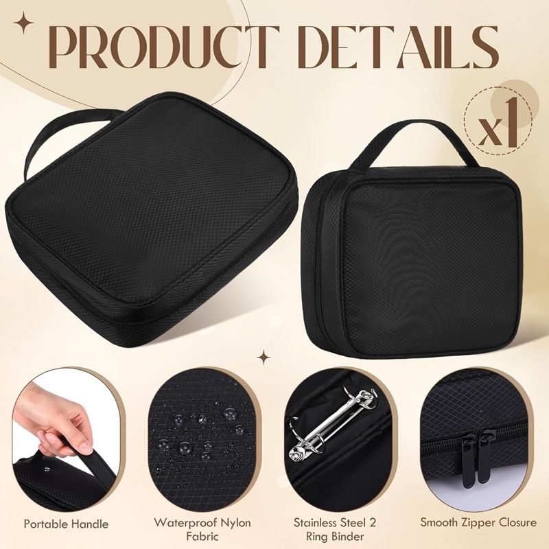 Travel Jewelry Organizer Case,Jewelry Bags for Traveling, Jewelry Binder with6Pcs Clear Zipper Velvet Pouches for Storing Earrings, Ring(Black，20*25*8cm)