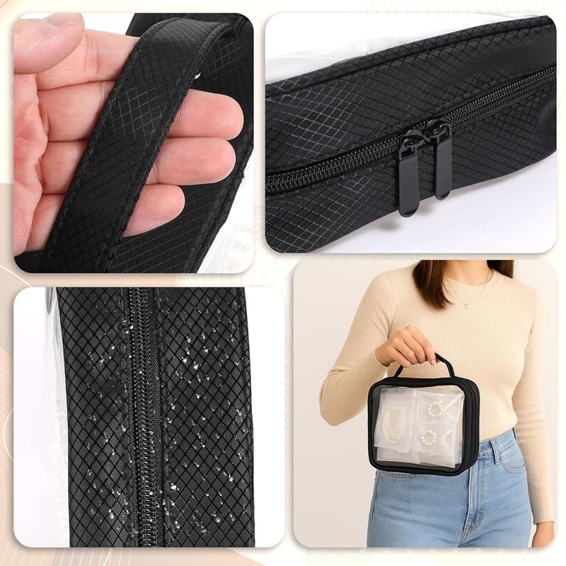 Travel Jewelry Organizer Case,Jewelry Bags for Traveling, Jewelry Binder with6Pcs Clear Zipper Velvet Pouches for Storing Earrings, Ring(Black，20*25*8cm)
