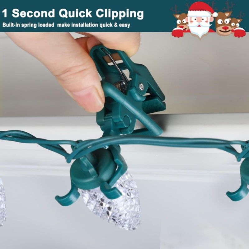 Christmas Lights Universal Spring Clips, 50 Count Quick Spring Clips for Holiday Light Decorations, Shatterproof Shingle and Gutter Clips for E12 E17, Metal Surface Roof Fence Railing Gates