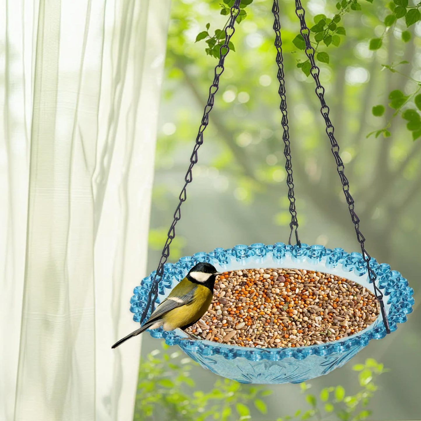 Bird Bath Hanging Seed Feeder Garden Plate Hanging Tray for Wild Backyard Attracting Birds (Blue- single layer)