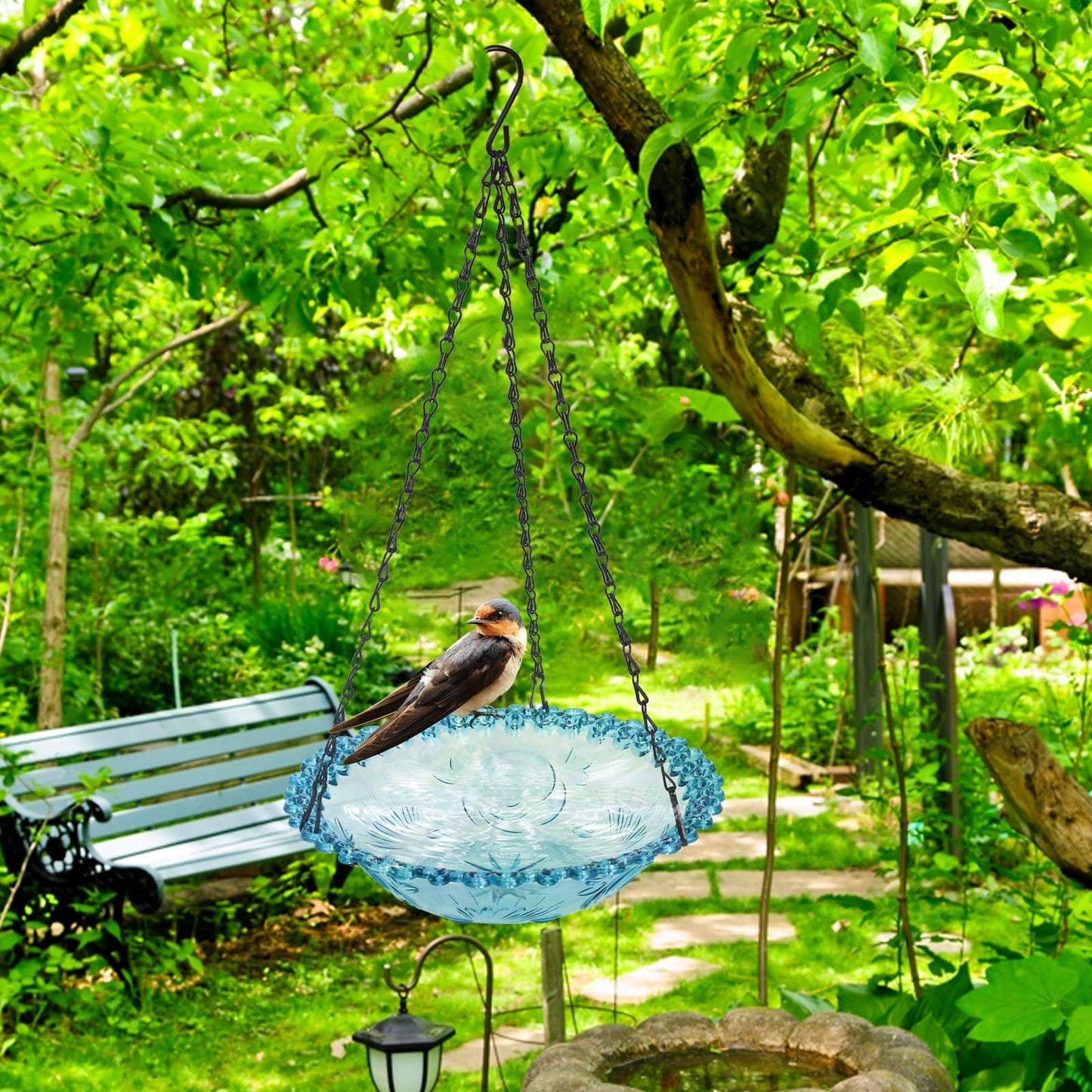 Bird Bath Hanging Seed Feeder Garden Plate Hanging Tray for Wild Backyard Attracting Birds (Blue- single layer)
