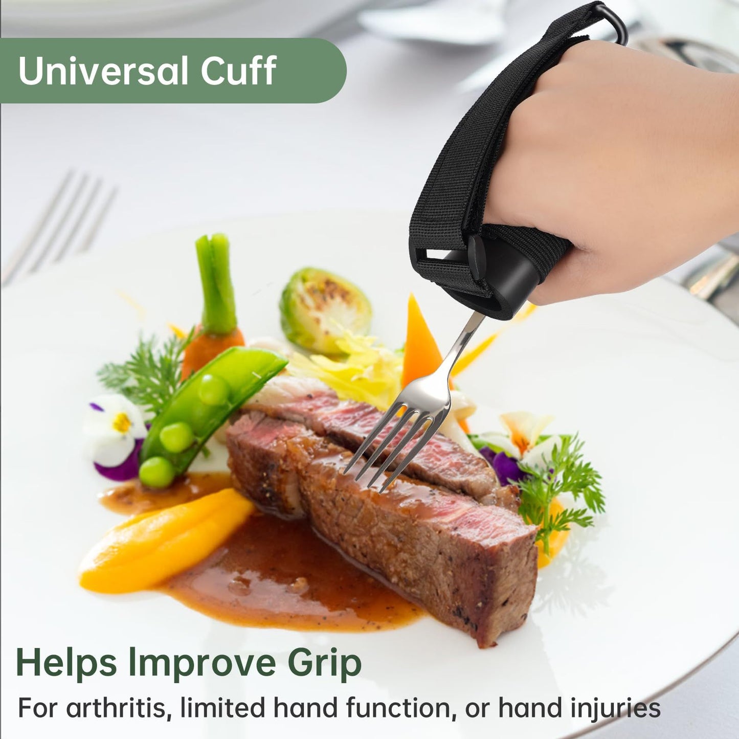 2pcs Disabled Eating Aids Utensil Holders Eating Assistance Hand Cuff for Holding Spoon, Fork, Cutlery Adjustable Nylon Gripping Strap for Limited Mobility, Weak Grip,