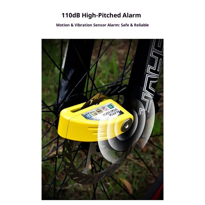 Motorcycle Alarm Disc Brake Lock, Motorcycle Locks Anti Theft Security Wheel Disc Lock Waterproof 110dB Alarm SoundReminder （Light yellow+locking rope）