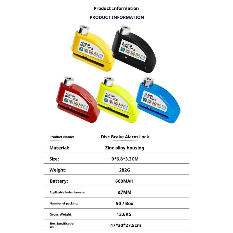 Motorcycle Alarm Disc Brake Lock, Motorcycle Locks Anti Theft Security Wheel Disc Lock Waterproof 110dB Alarm SoundReminder （Light yellow+locking rope）