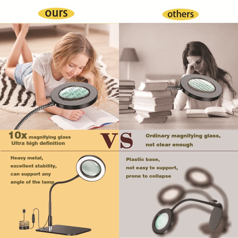 10X Desk Magnifying Glass with Light and Stand, Large Magnifying Lamp Magnifying Light for Crafts Hands Free, Upgrated Head Button Reading Magnifier for Books Sewing