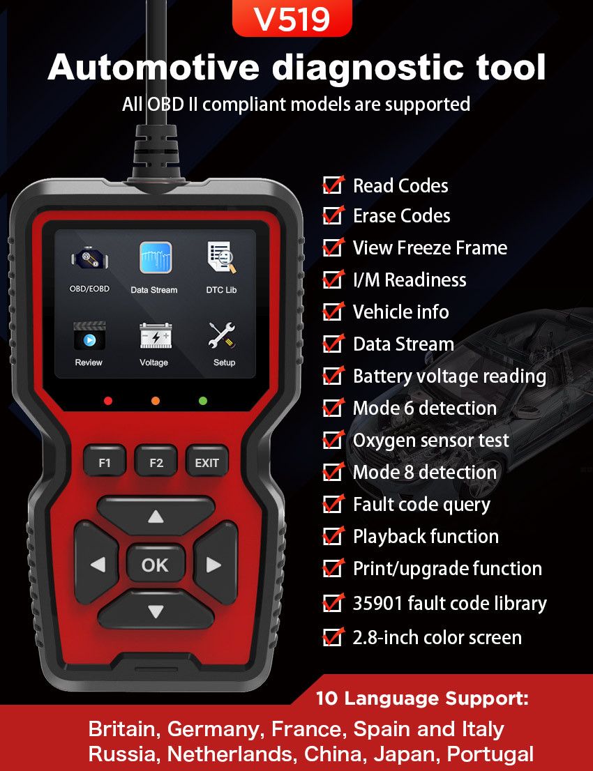 OBD2 Scanner Diagnostic Tool, Check Engine Code Reader OBD2 Scanner with Reset, Mode 6, Mode 8 & I/M Readiness, Auto Check Engine Light Car Diagnostic Scan Tool for All OBDII Car Since 1996