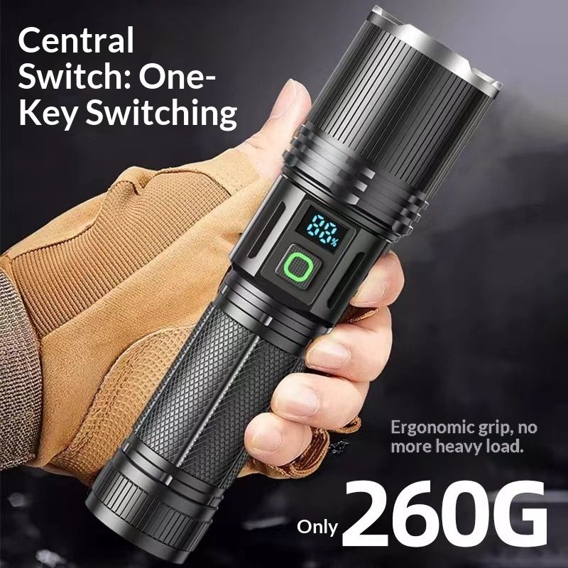 High Lumen Flashlight - with LCD Display, Zoomable Long Beam - for Camping, Dog Walking, for Home Emergency Rechargeable Flashlights