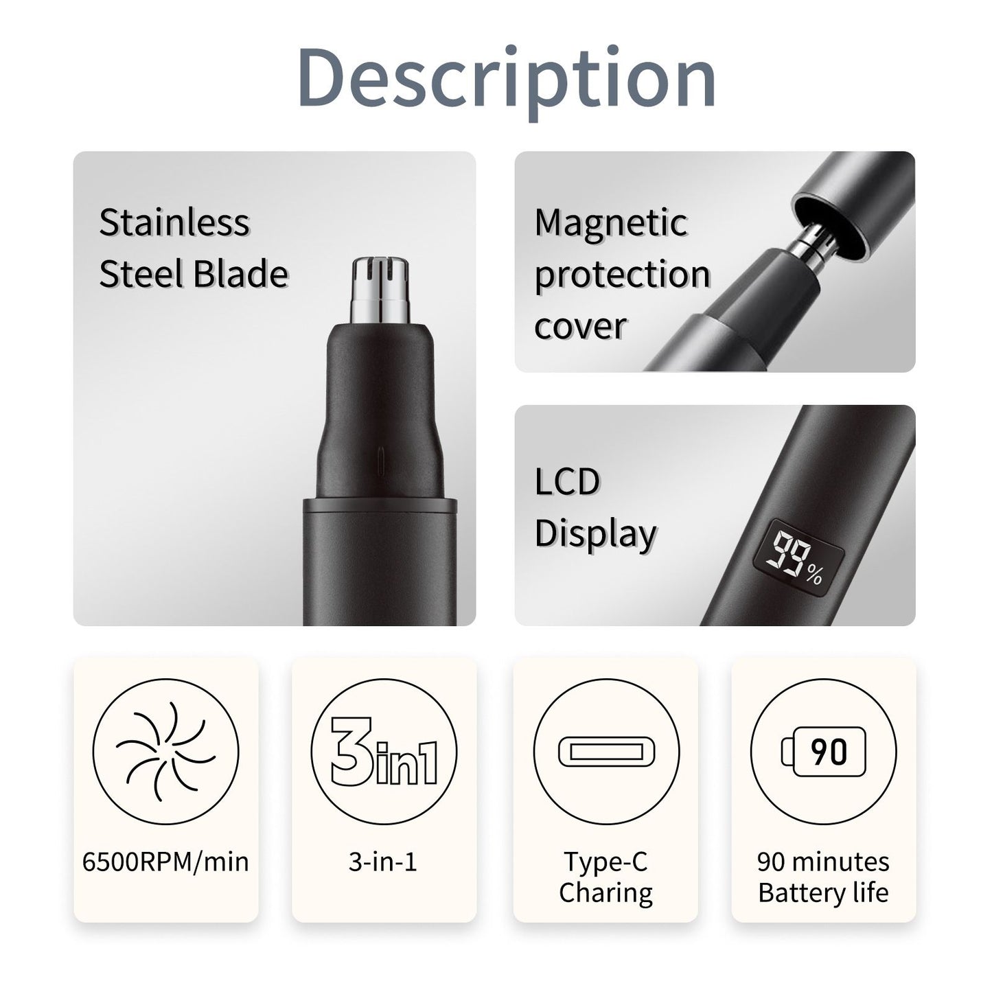 Nose and Ear Hair Trimmer for Men - Rechargeable Eyebrow Face Shaver - Nasal Hair Clippers 3 in 1 Painless Eye Brow Facial Hair Beard Razor for Sideburns Dual-edge