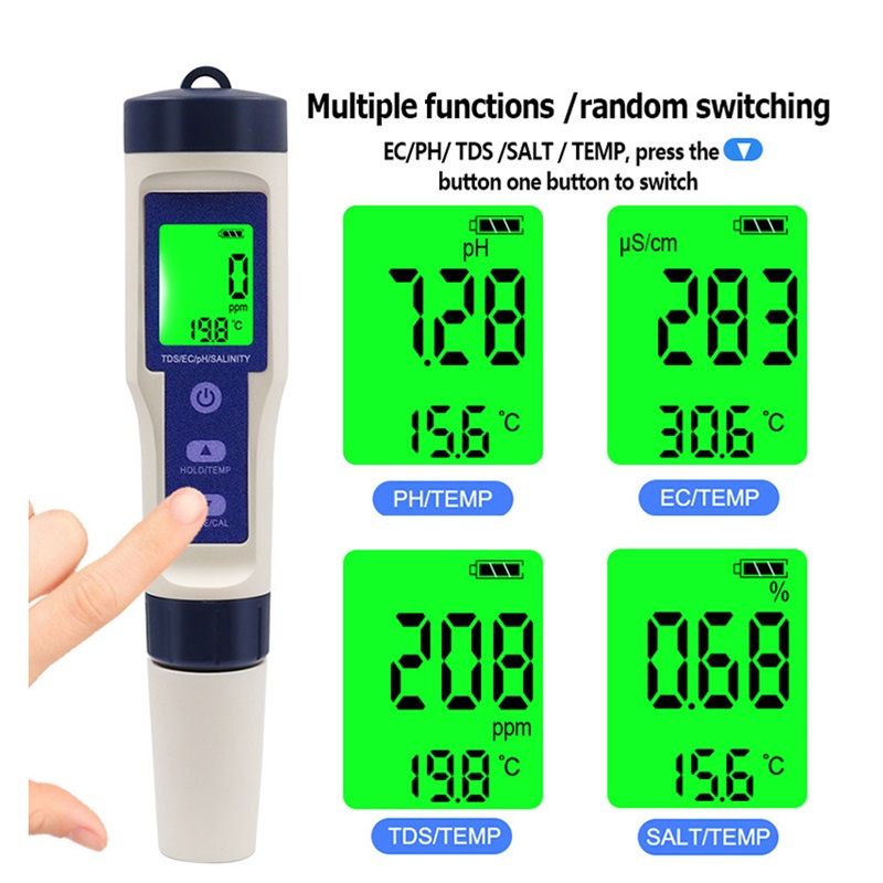 PH Meter & TDS Meter Digital Water Tester 5 in 1 Salinity Tester PH Temp EC and TDS Meter,PH Meter for Water with LCD Backlit,Water Testing Kits for Drinking Water,