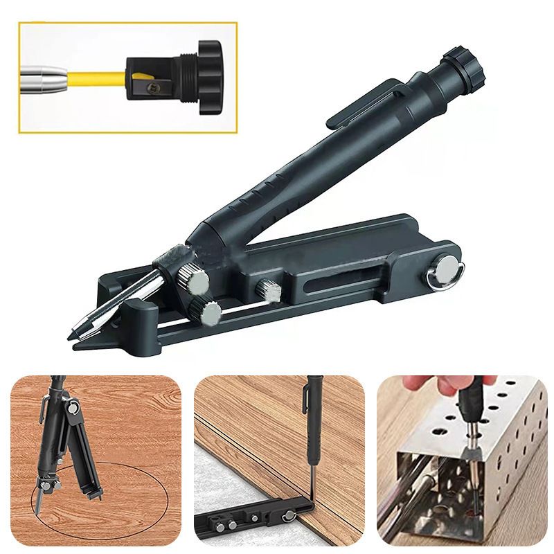 Multi-function Scribing Tool- Construction Pencil- Aluminum Alloy Scribe Tool with Deep Hole Pencil,DIY Woodworking Scribe Gauge Scriber Line Maker Measuring Tool（Black plastic with pen）