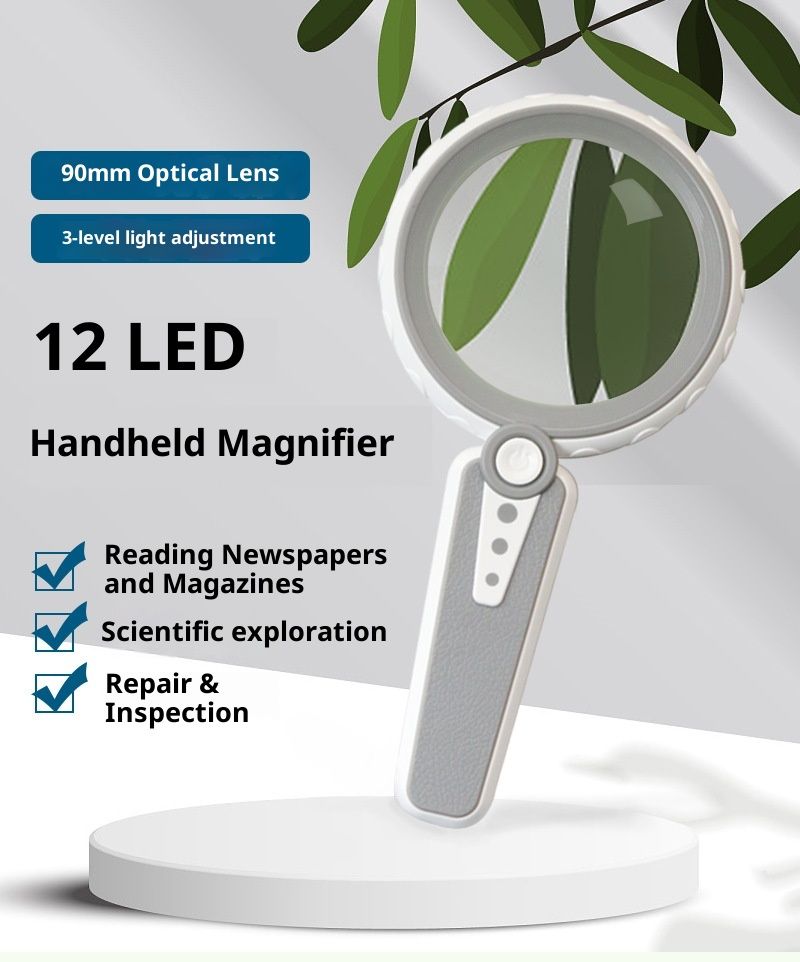 15X Magnifying Glass with Light,  Large Handheld Magnifier, USB Rechargeable for Low Vision Seniors with Macular Degeneration, Reading, Jewelry, Coins - Grey