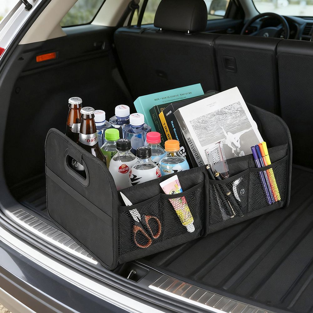 Trunk Organizer For Sedan,Car Organizers and Storage, Waterproof Collapsible & Adjustable Straps,Sturdy Car Organization for Car Accessories, Tools,Sundries,2 Compartment（Black