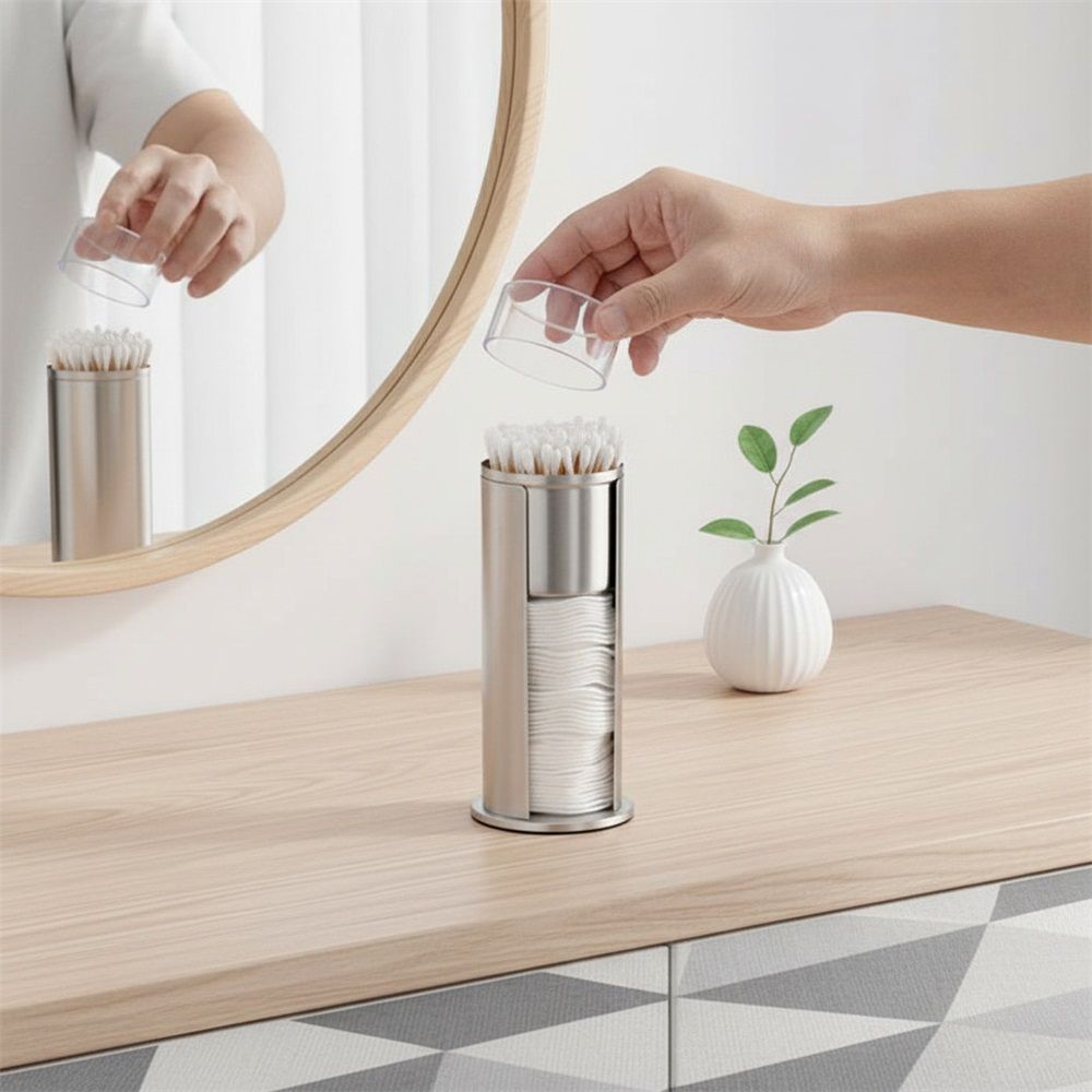 2 in 1 Round Cosmetic Cotton Pad Holder, Stainless Steel Cotton Swabs Make up Pads Dispenser Organizer Box Holder with acrylic Lids for Bathroom Vanity Storage