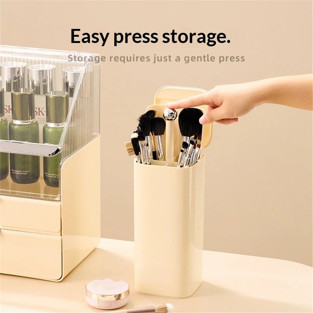 Makeup Brush Holder with Lid,4 Slots Makeup Brush Organizer,Automatic Lifting Makeup Cosmetics Organizer,for Vanity Decor,Bathroom Countertop,Dustproof Cosmetic Brushes Container(Cream yellow)