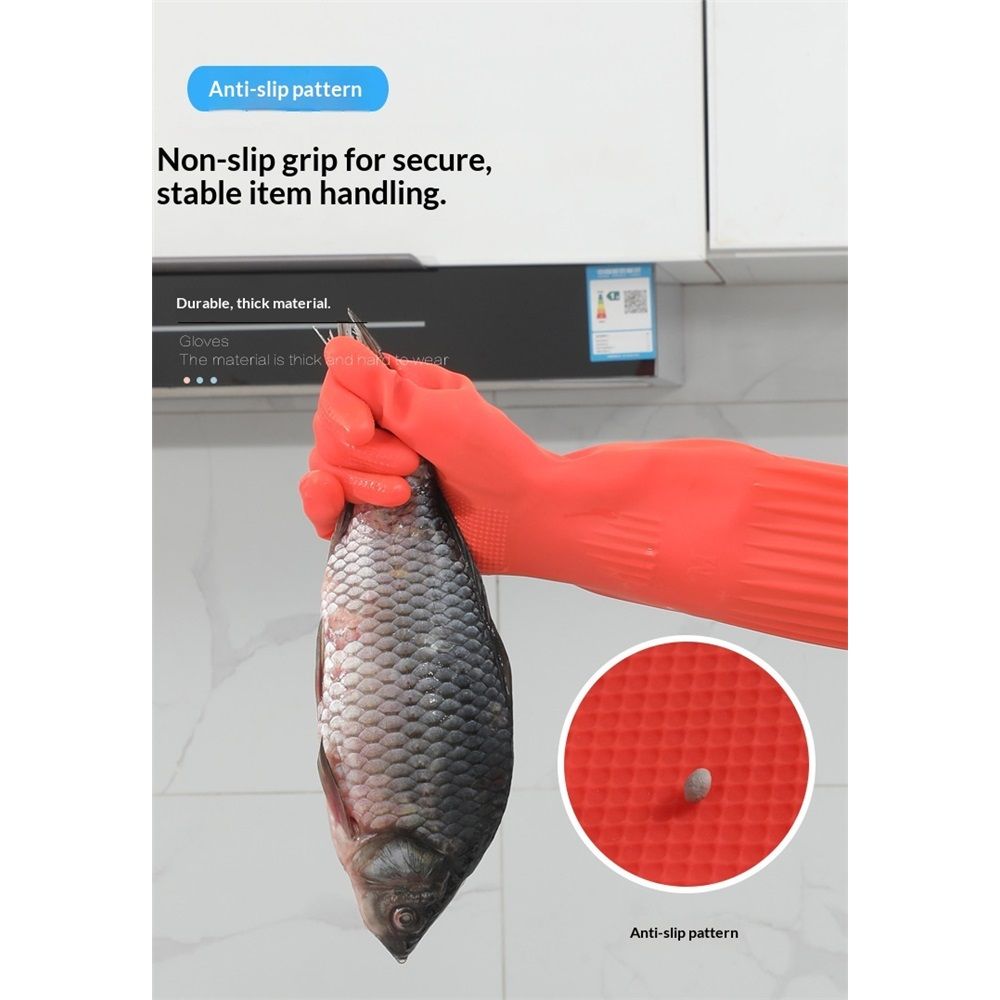 Rubber Dishwashing Cleaning Gloves (2-Pair) - Reusable, Waterproof with Extra-Long Cuff & Anti-Slip Design for Household & Kitchen Use - L